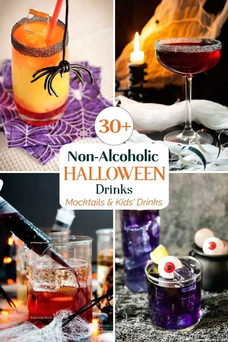 A variety of colorful Halloween mocktails served in spooky themed glasses.