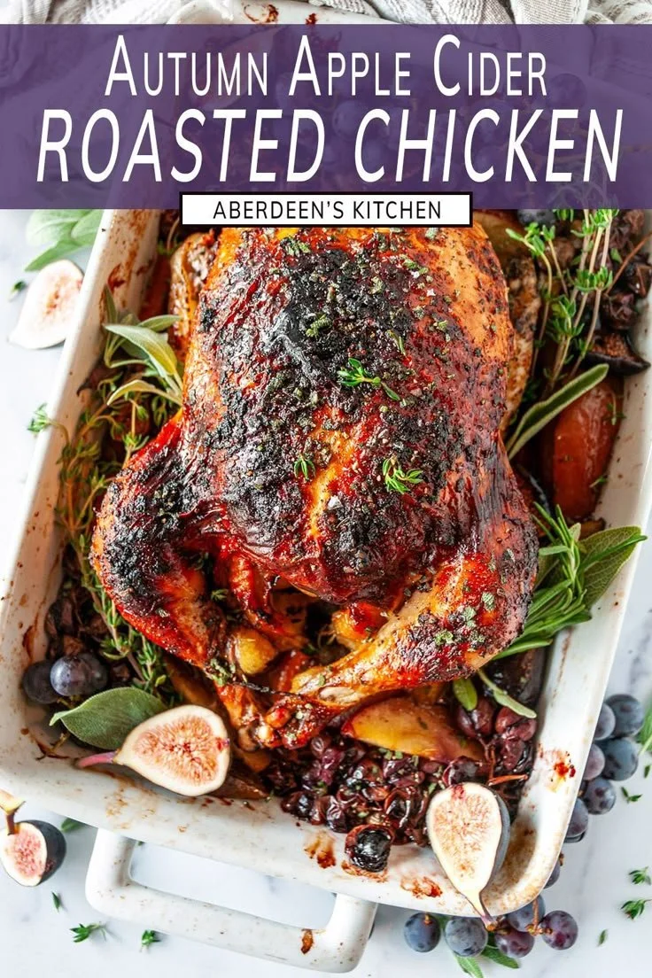 Delicious autumn apple cider roasted chicken with seasonal herbs and spices.