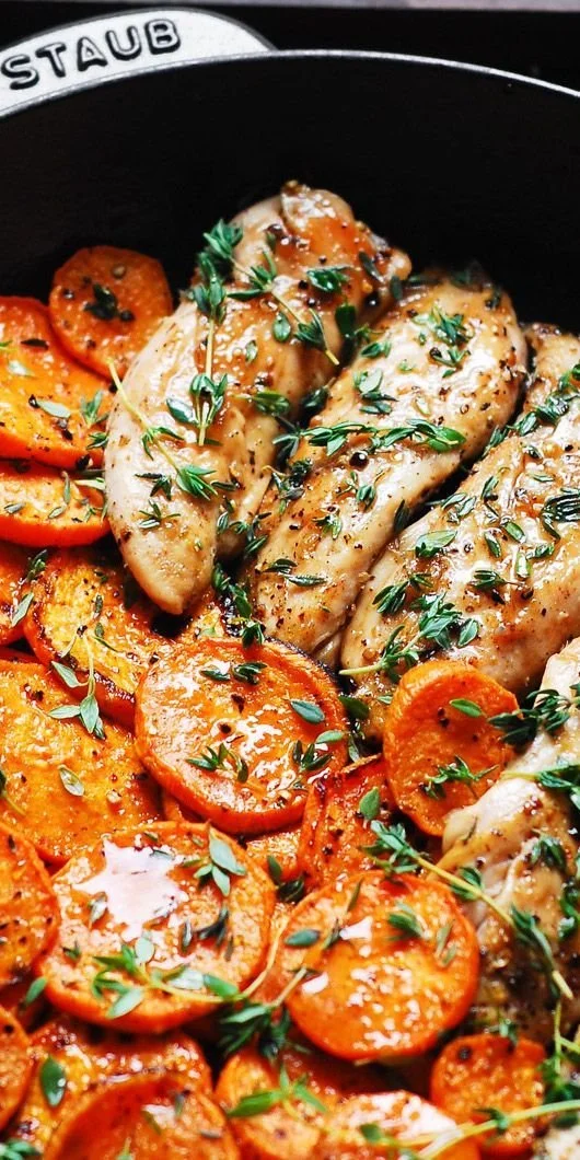 Delicious maple chicken served with roasted sweet potatoes for an autumn dinner.