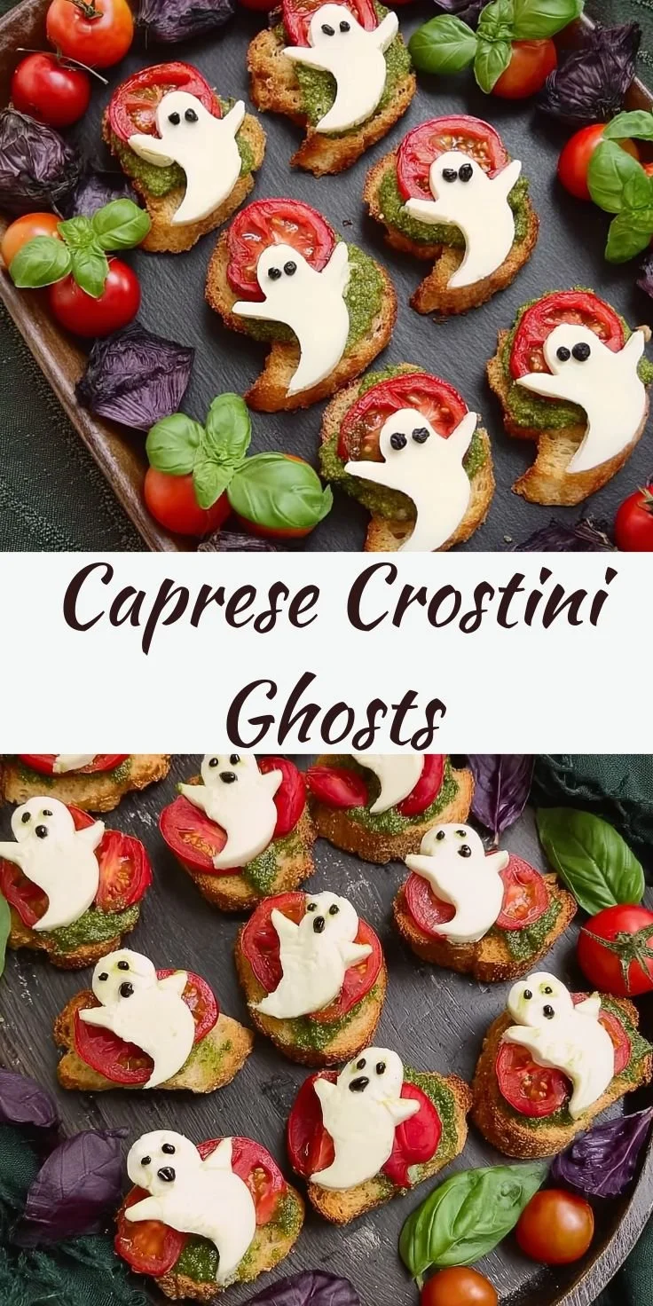 Spooky-Cute Caprese Crostini Ghosts Halloween appetizer