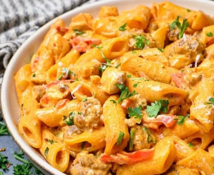 Creamy chicken and sausage pasta served in a bowl