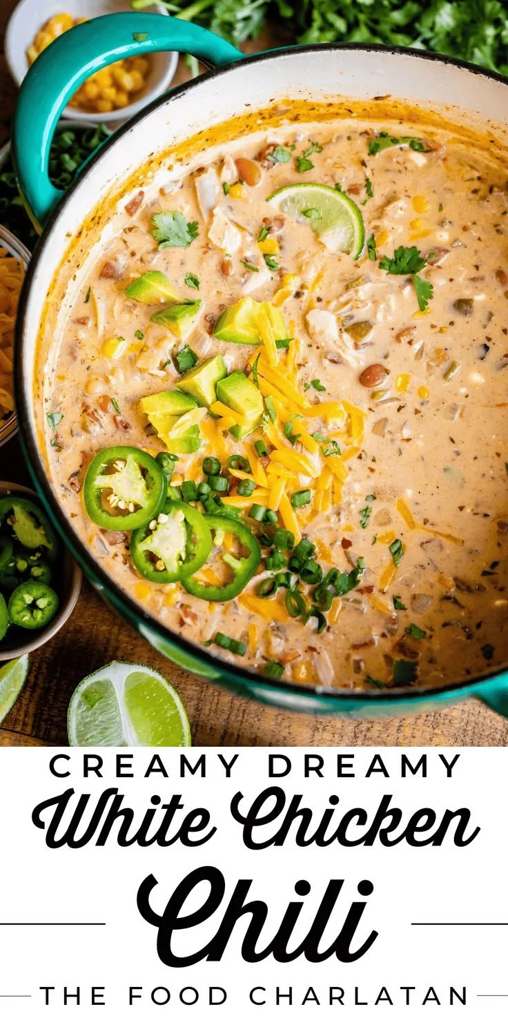 Delicious creamy white chicken chili served in a bowl with toppings.