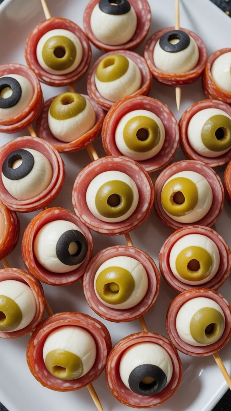 Creepy eyeball appetizers displayed on a Halloween party table