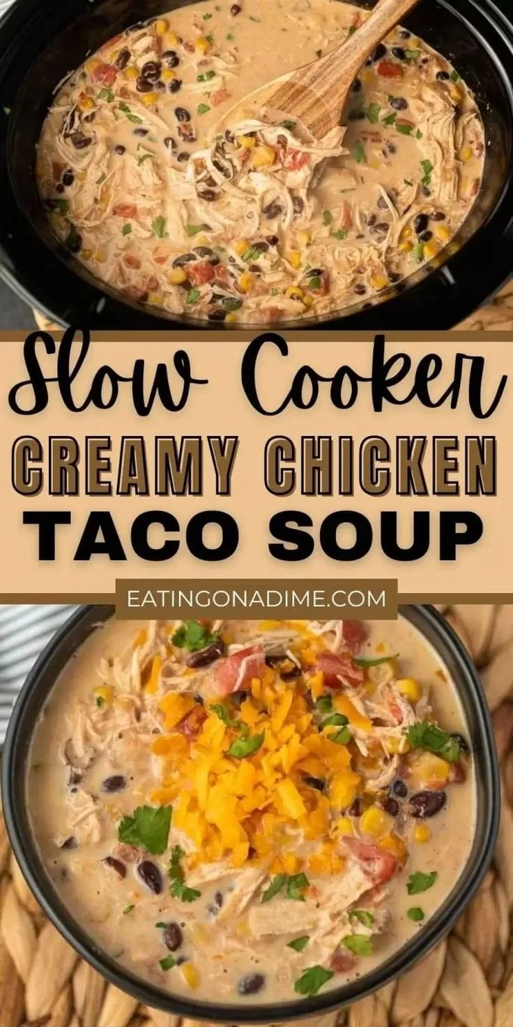 Crockpot Creamy Chicken Taco Soup in a bowl with toppings