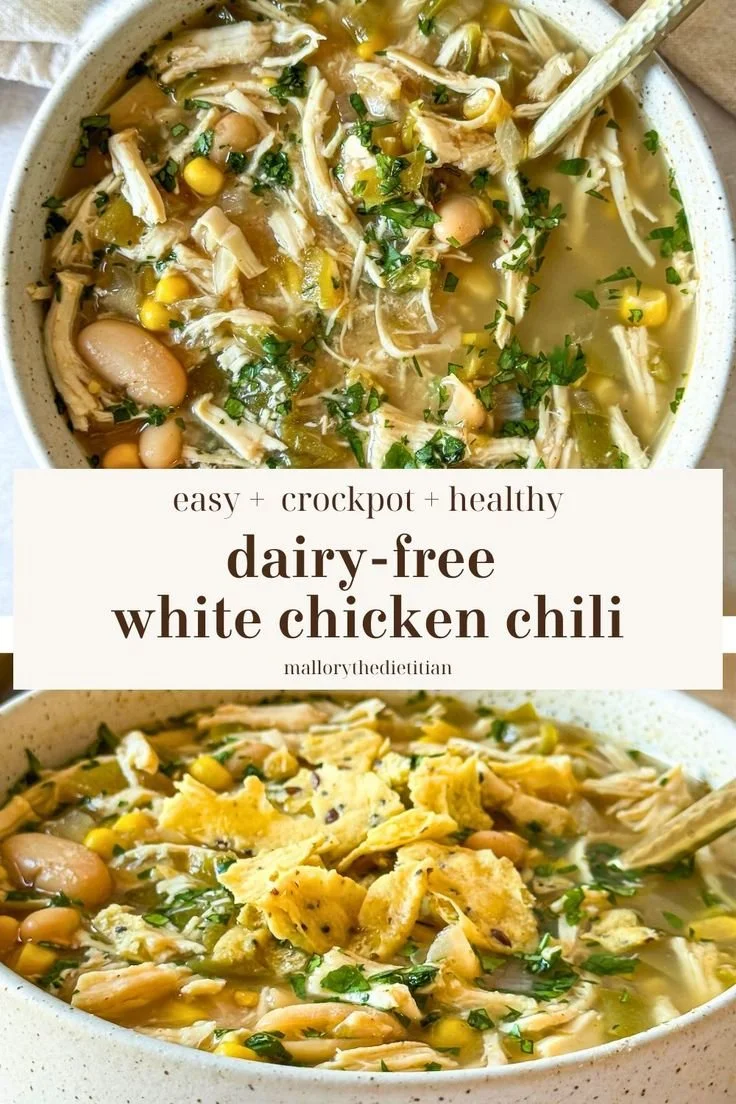 Bowl of Dairy-Free White Chicken Chili with fresh toppings