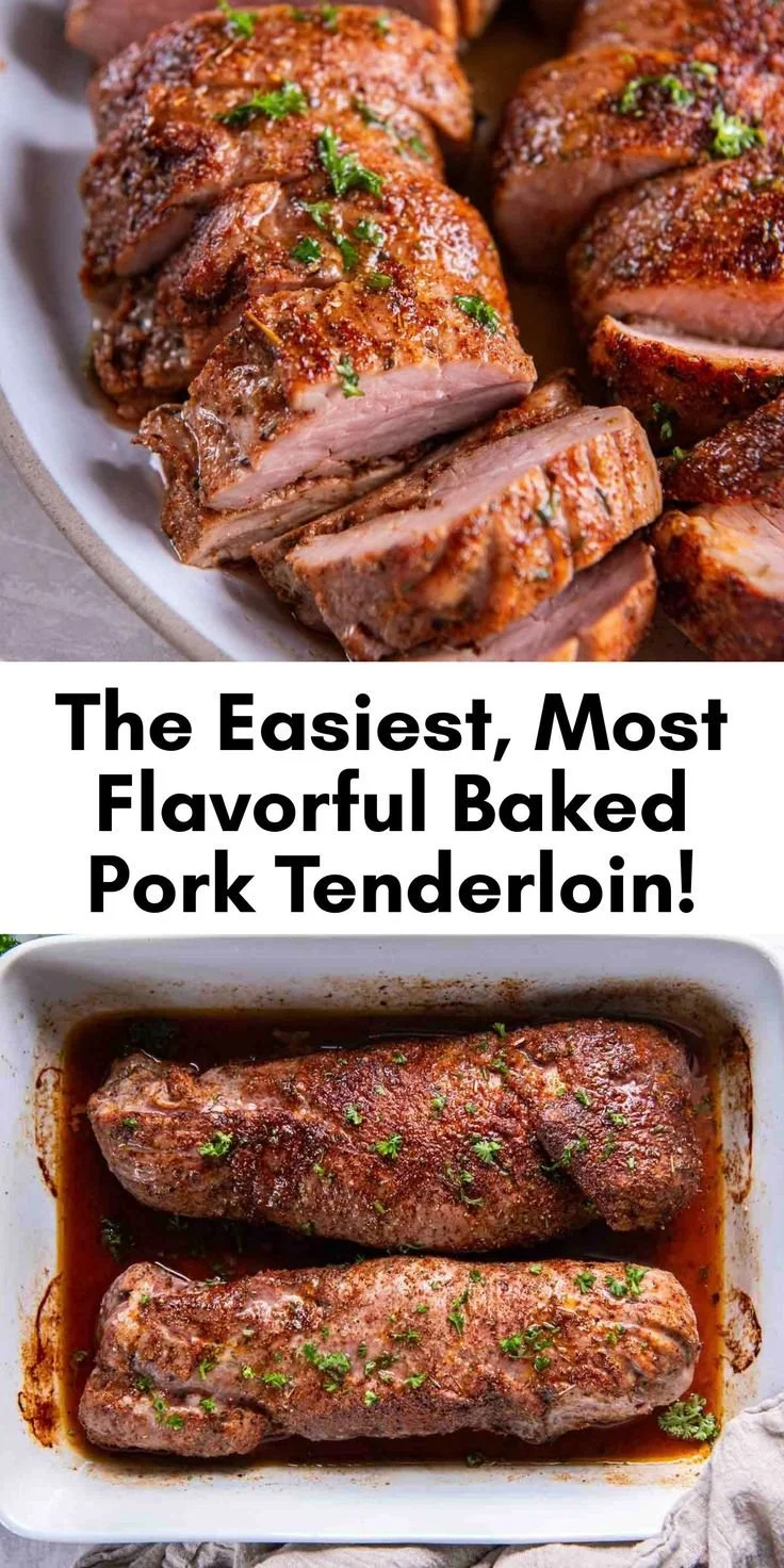 Juicy and seasoned baked pork tenderloin served on a plate