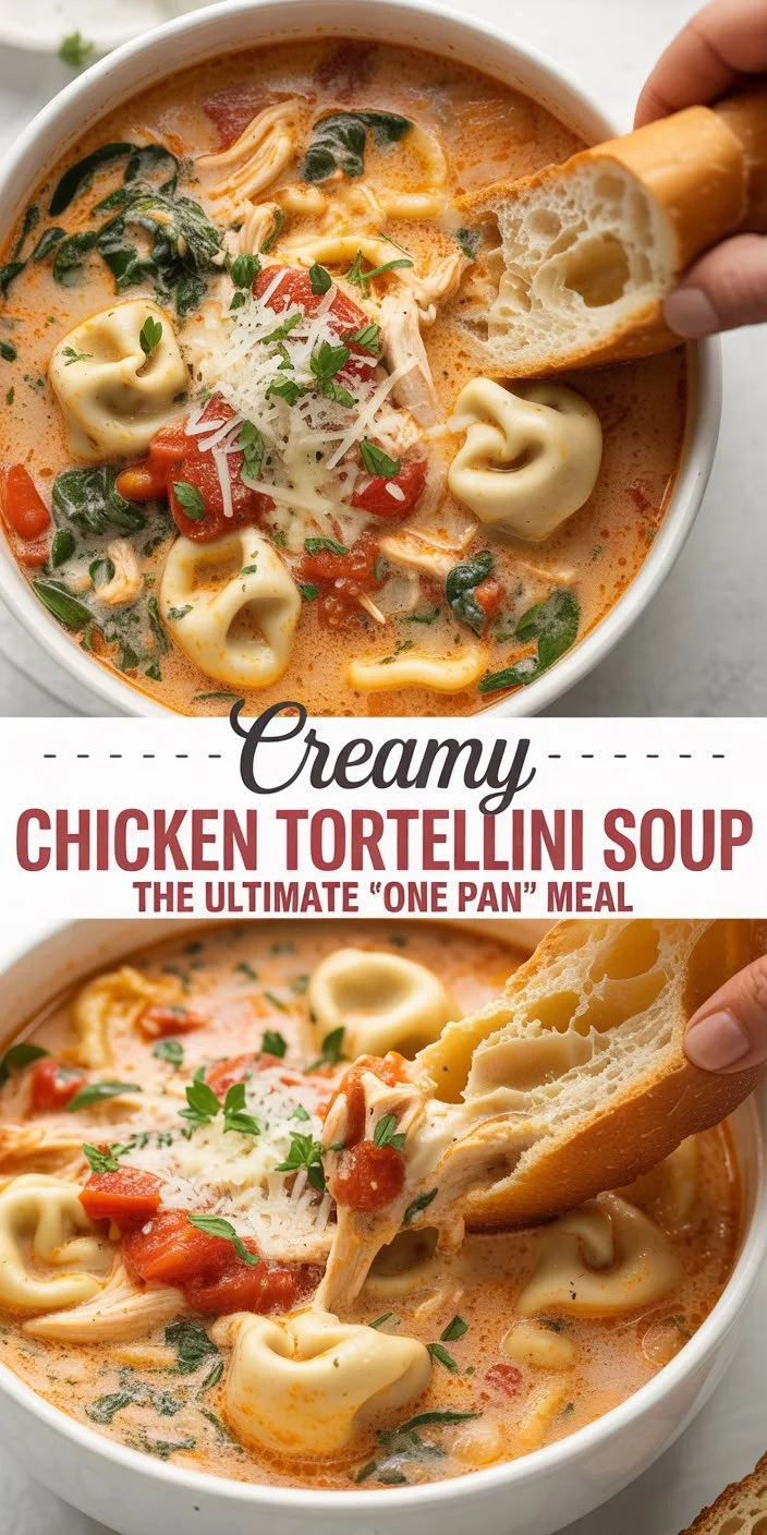 Bowl of easy creamy Chicken Tortellini Soup, a comforting one-pot meal
