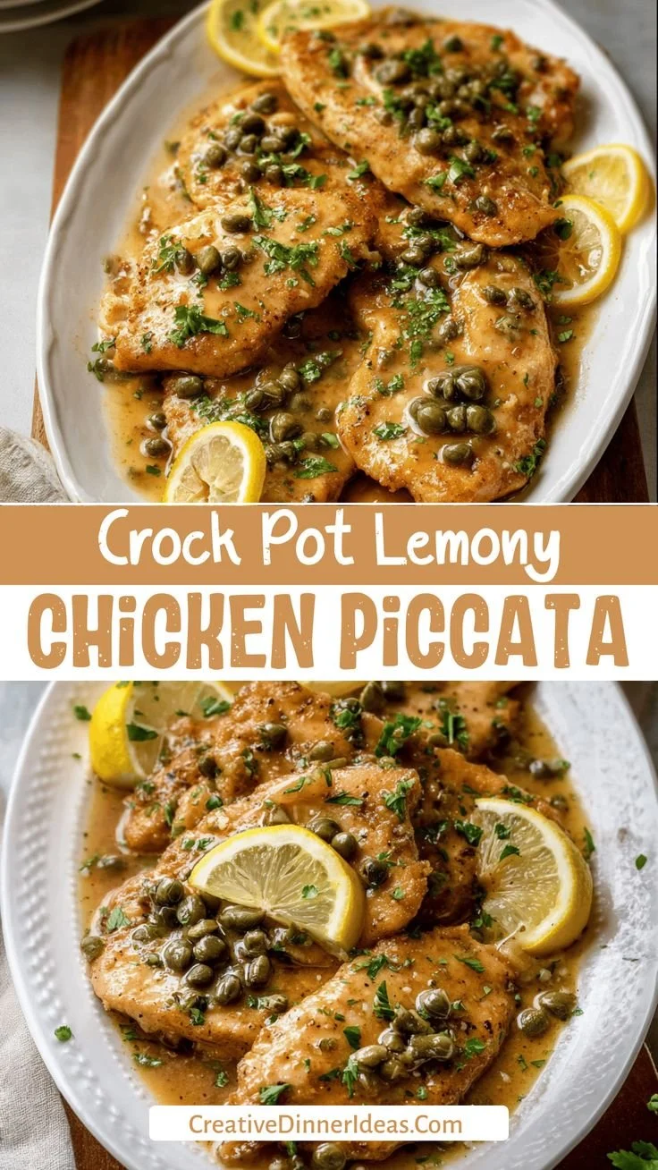 Easy Crock Pot Lemony Chicken Piccata served with herbs and lemon slices.
