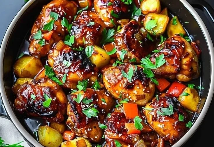 Delicious Easy Sweet Hawaiian Crockpot Chicken in a bowl with colorful vegetables.