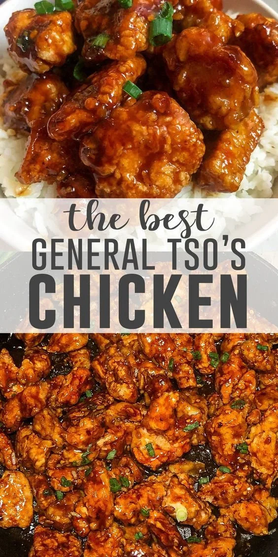 Plate of General Tso's Chicken garnished with green onions and sesame seeds.