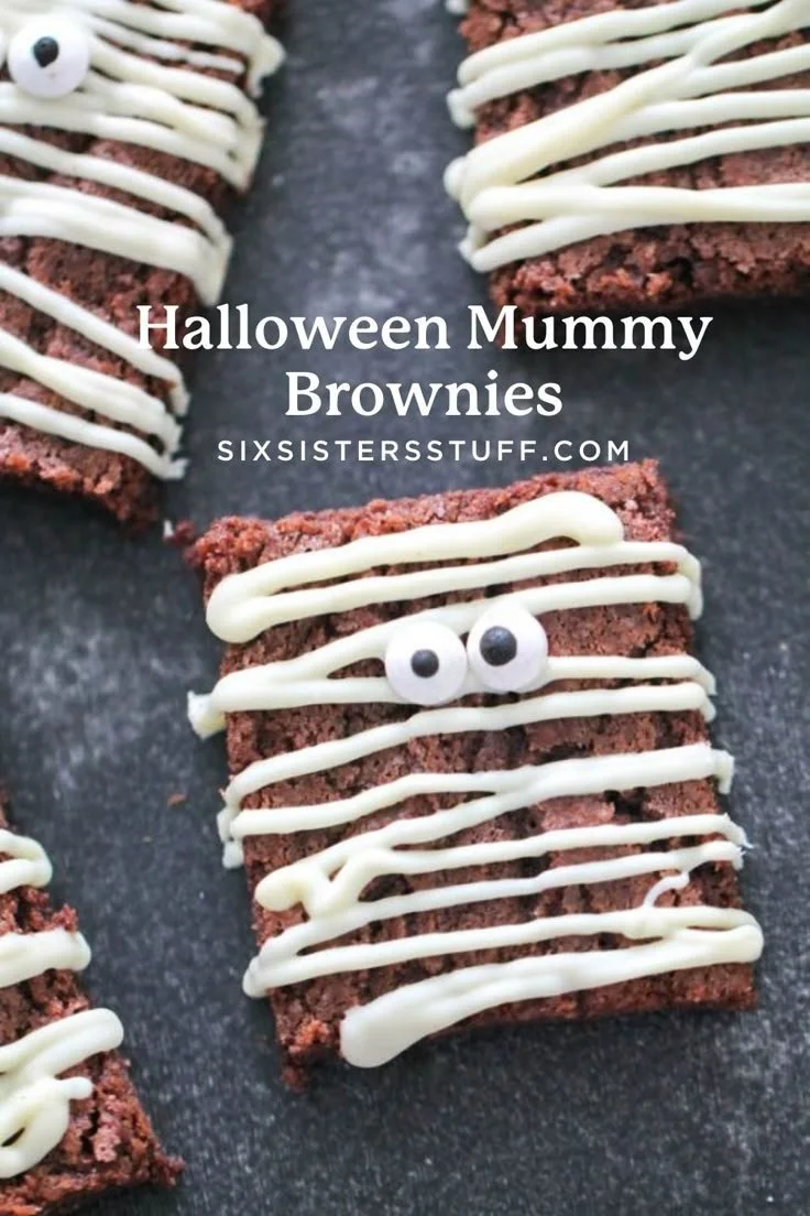 Spooky Halloween mummy brownies decorated with icing and candy eyes