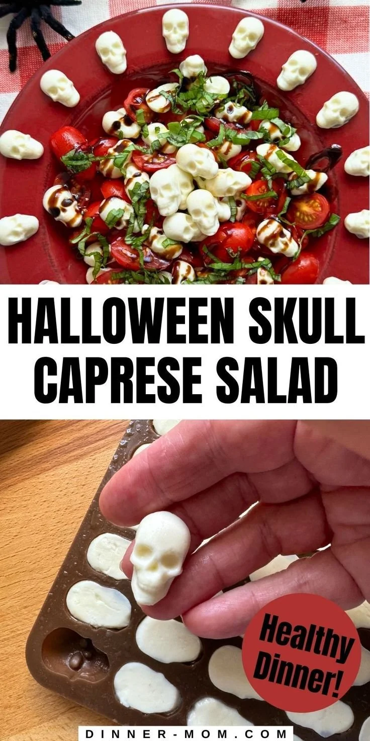 Halloween themed Skull Caprese Salad with spooky ingredients and presentation