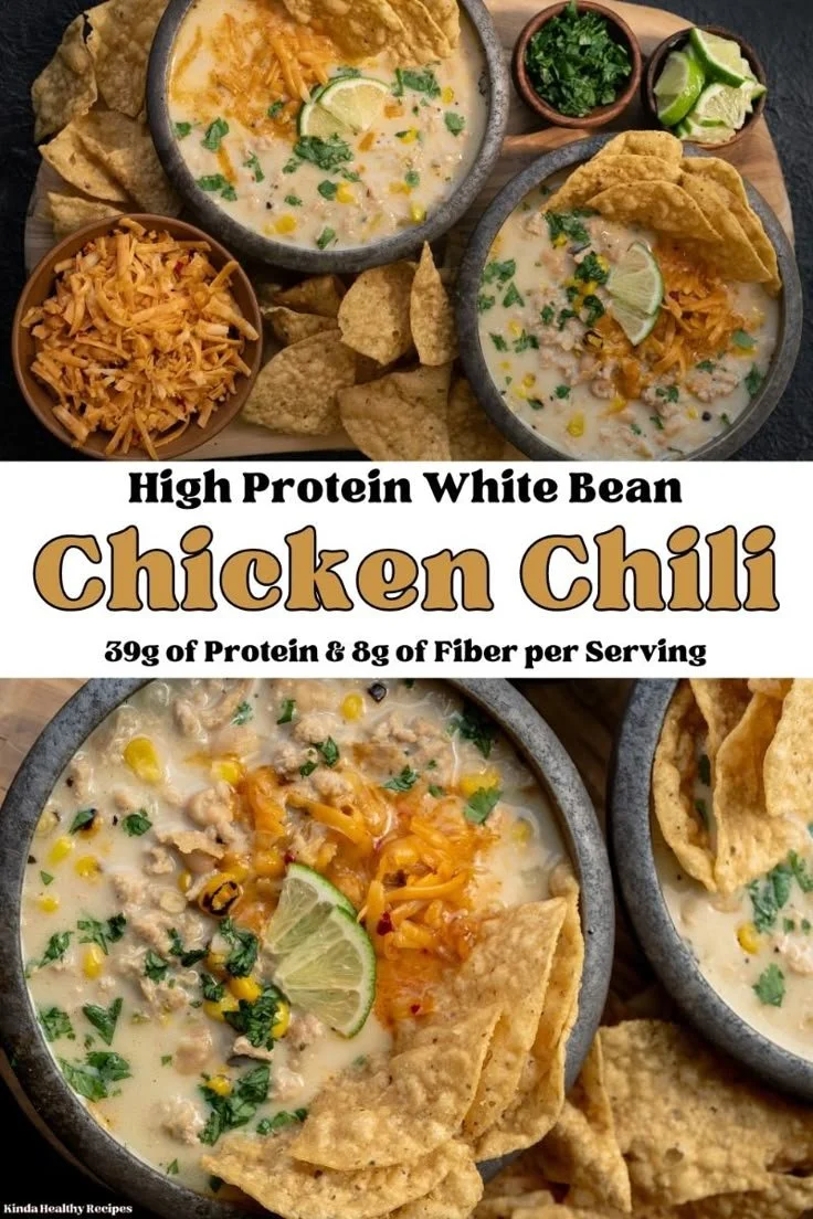 Bowl of healthy white chicken chili with ground chicken and white beans