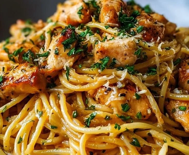 Plate of Monterey Chicken Spaghetti with grilled chicken and spaghetti noodles