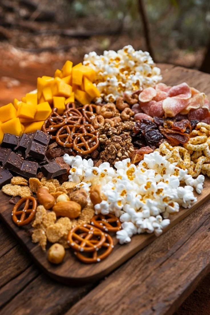 Sweet and salty snack charcuterie board for easy trail mix grazing
