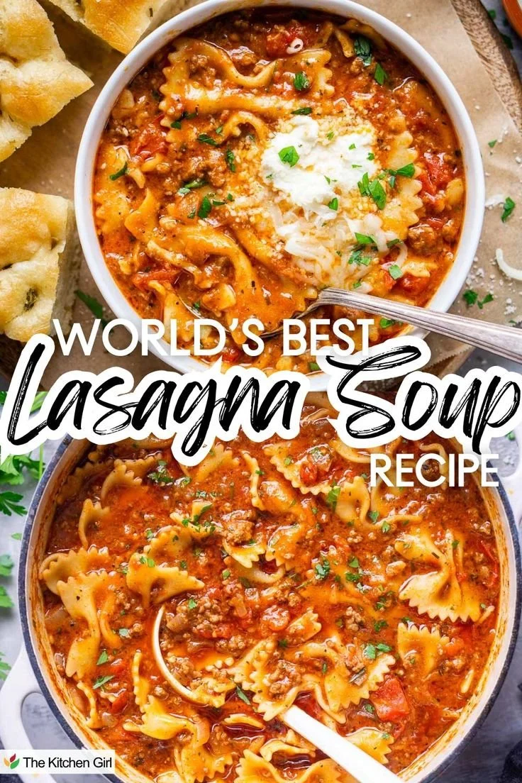 Bowl of world's best lasagna soup topped with cheese and herbs
